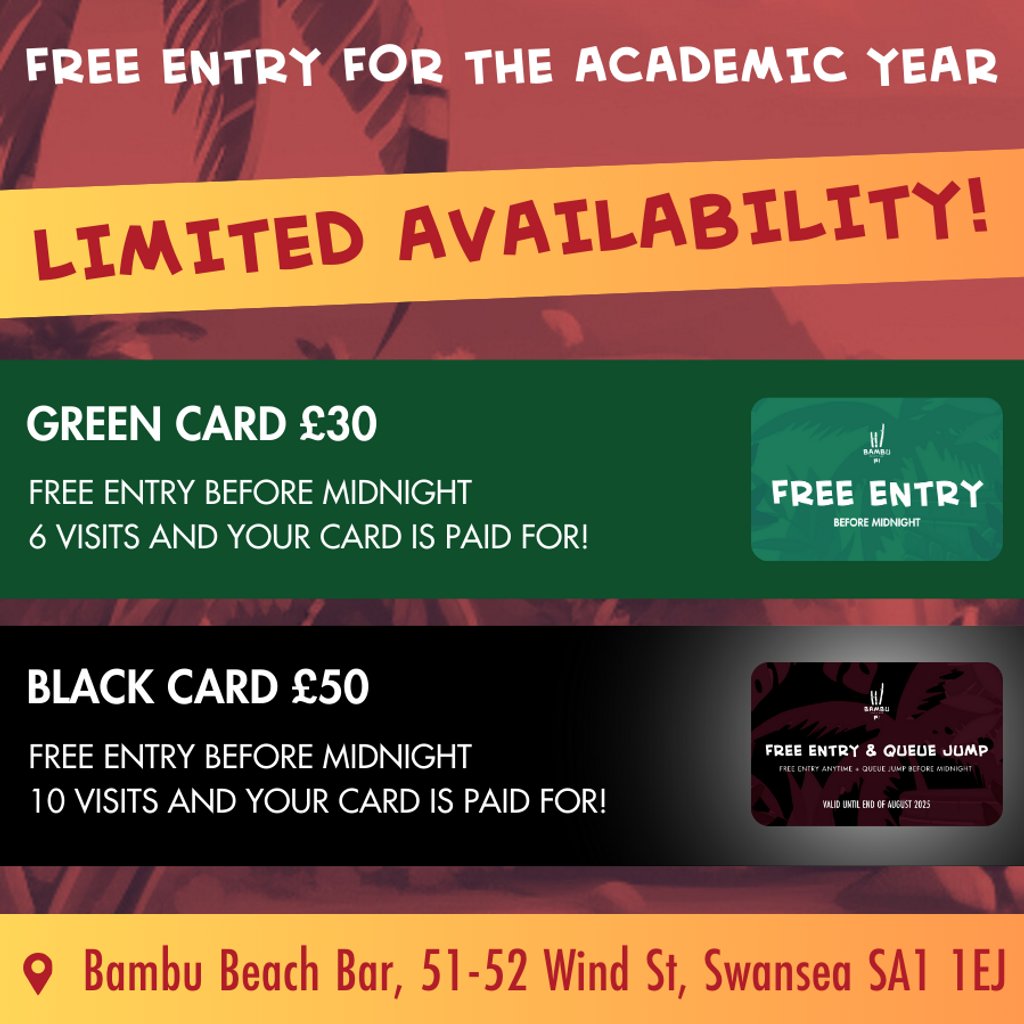 BAMBU ANNUAL ENTRY CARDS (Limited availability) Bambu Beach Bar Swansea