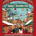 Poster for the Christmas Street Fair featuring festive decorations and stalls.