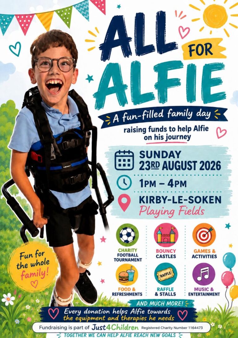 Poster for the All For Alfie charity event featuring family activities.