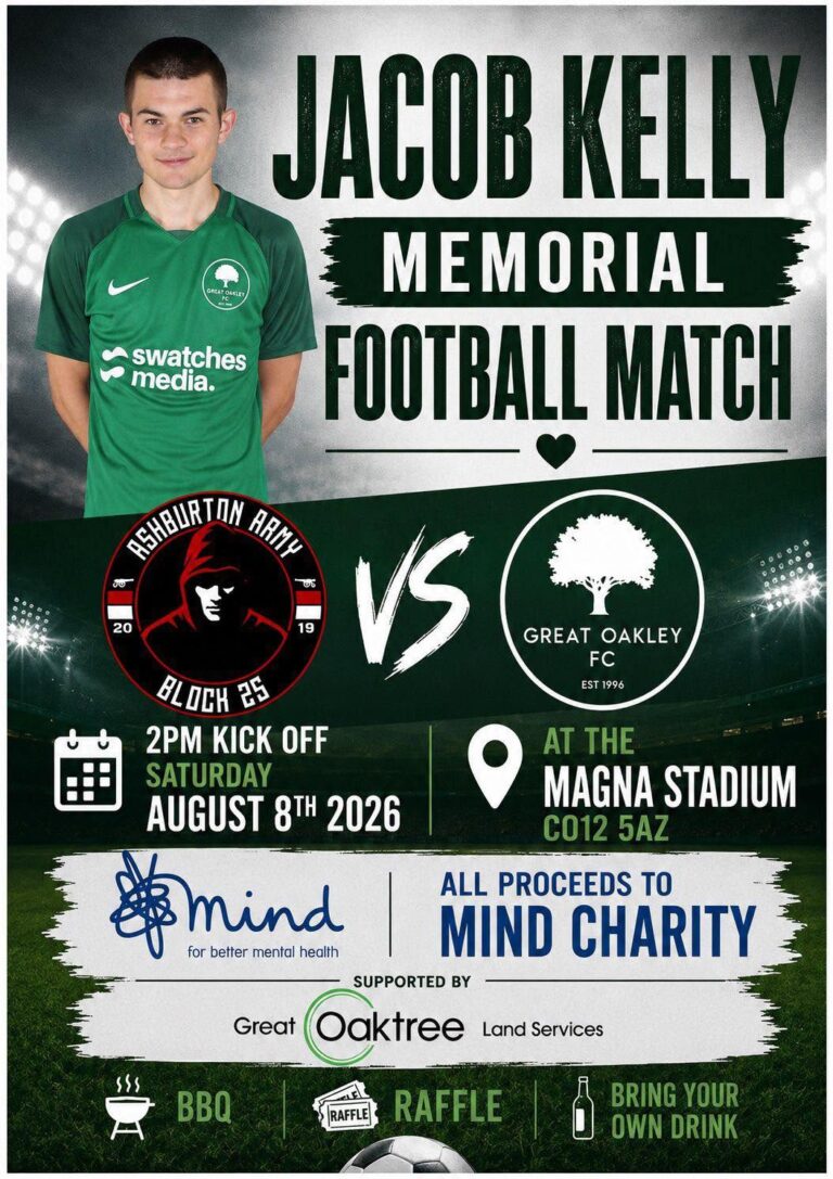Poster for the Jacob Kelly Memorial Football Match featuring details of the event.