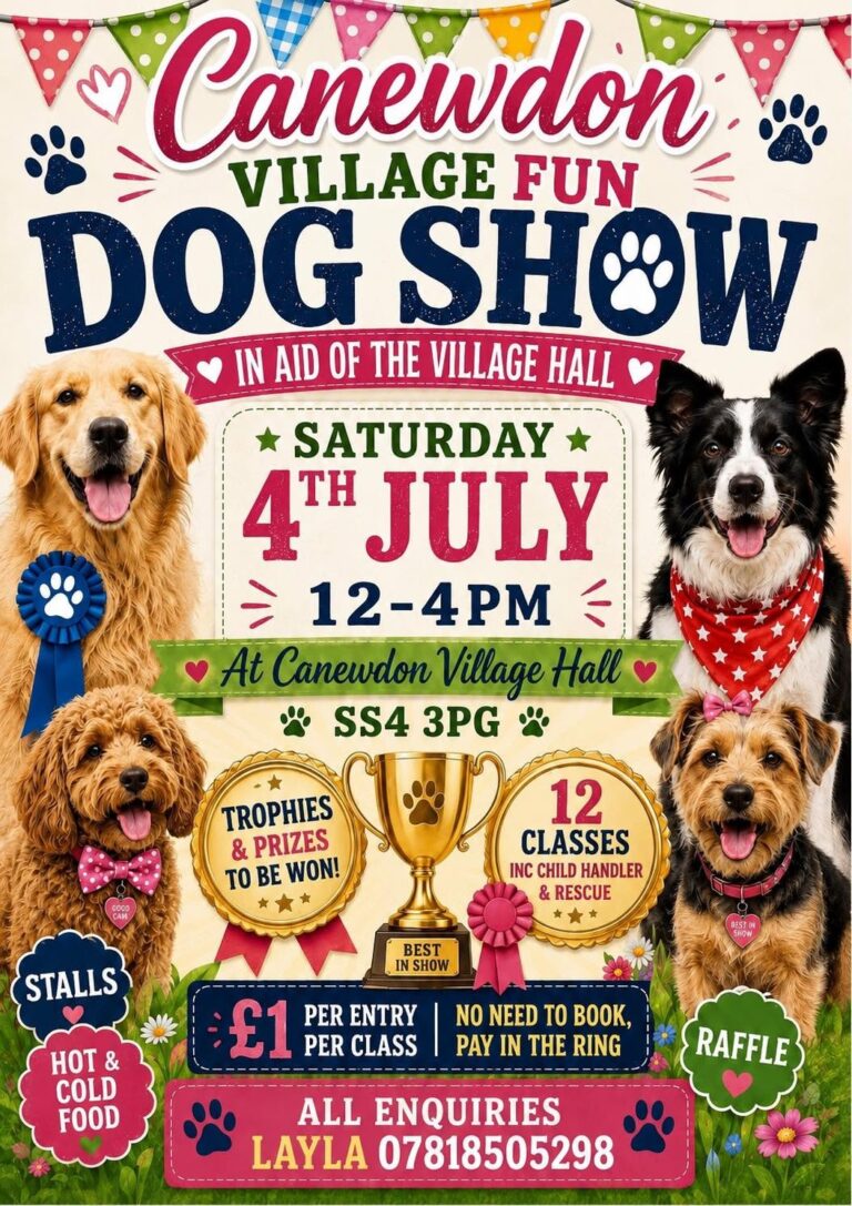 Poster for the Canewdon Village Fun Dog Show featuring dogs and event details.