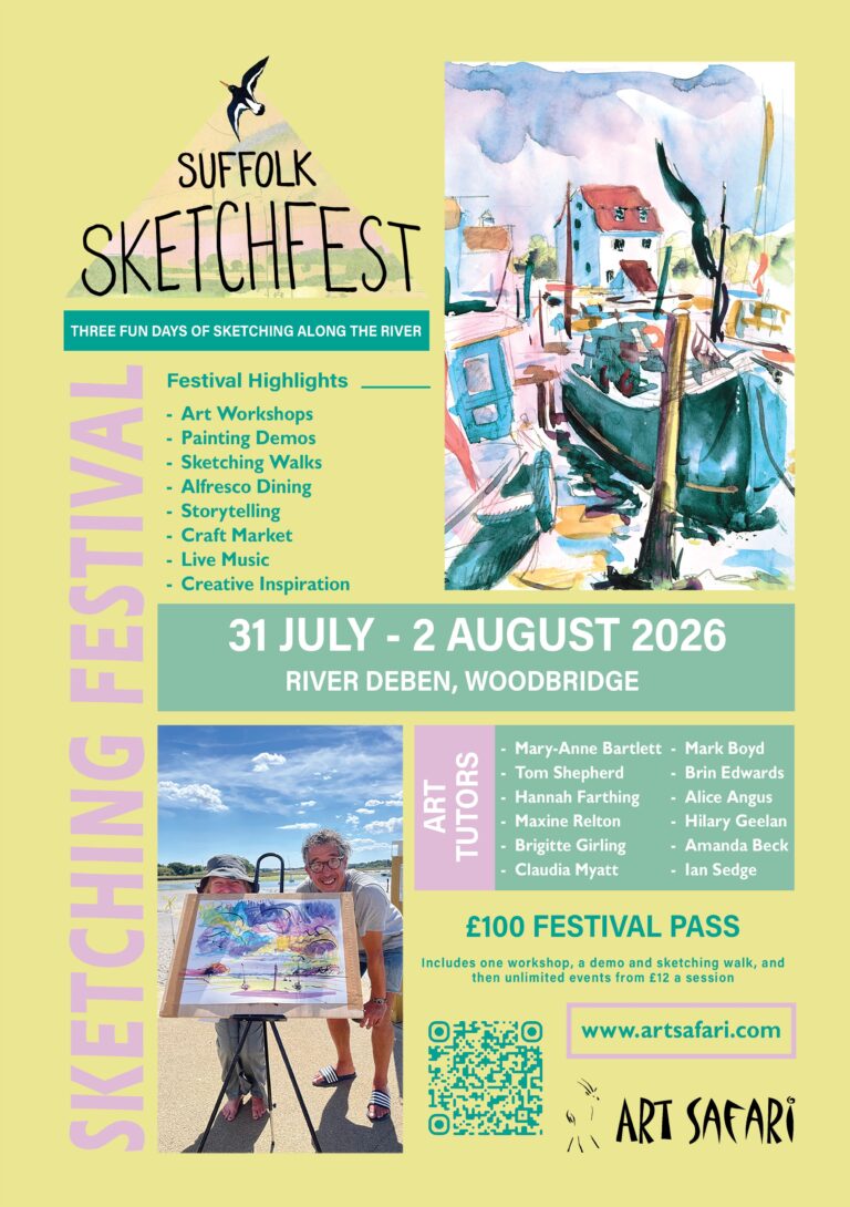 Suffolk Sketchfest poster featuring art workshops and river scenery.