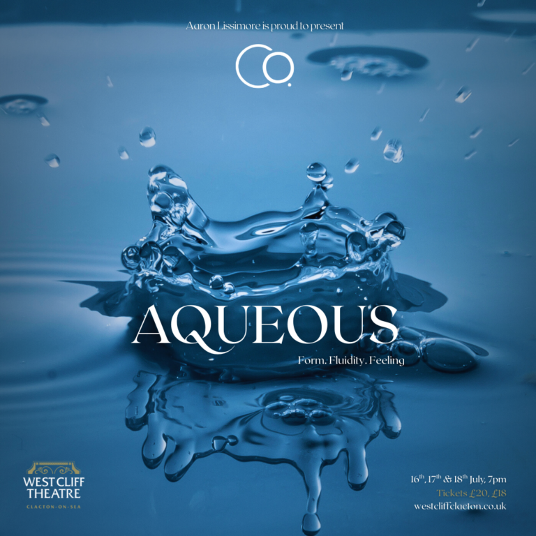 A promotional poster for the AQUEOUS performance at West Cliff Theatre.