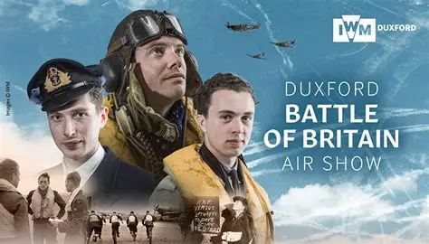 Duxford Battle of Britain Air Show poster featuring historic aircraft and 1940s entertainment.