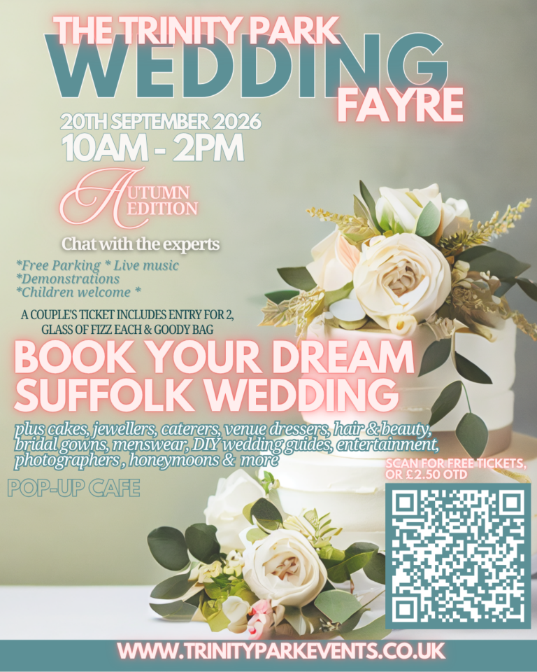 Poster for THE TRINITY PARK WEDDING FAYRE featuring details of the event.