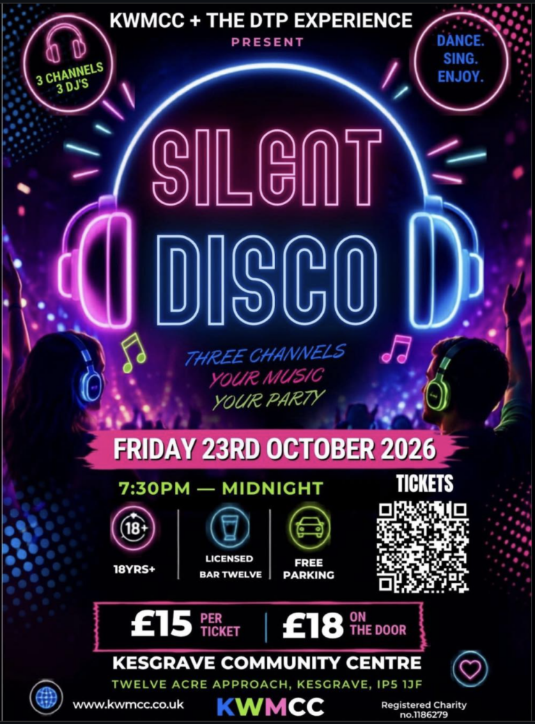 Poster for the Silent Disco event featuring vibrant graphics and music themes.