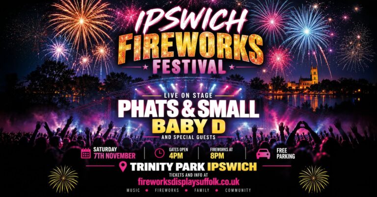 Ipswich Fireworks Festival poster featuring live music and fireworks.