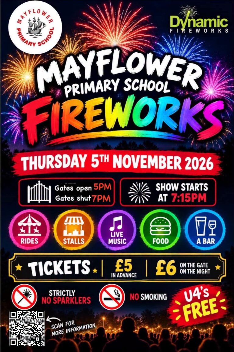 Poster for Mayflower Primary School Fireworks event.
