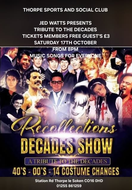 Event poster for Jed Watts Presents Tribute to the Decades at Thorpe Sports and Social Club.