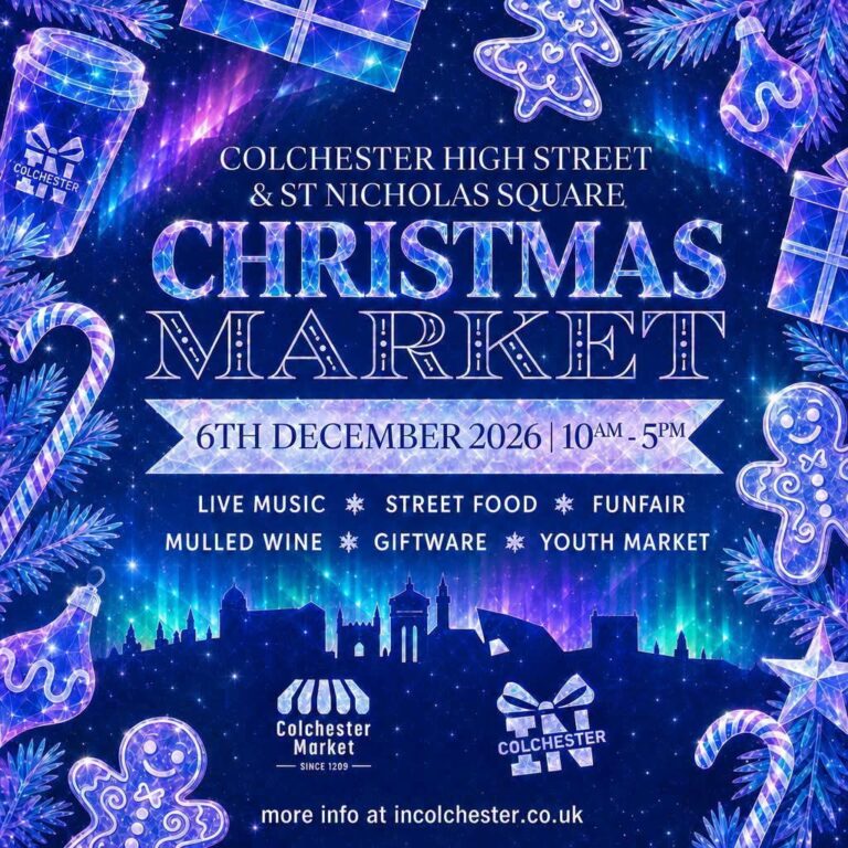 Colchester Christmas Market poster featuring festive stalls and activities.