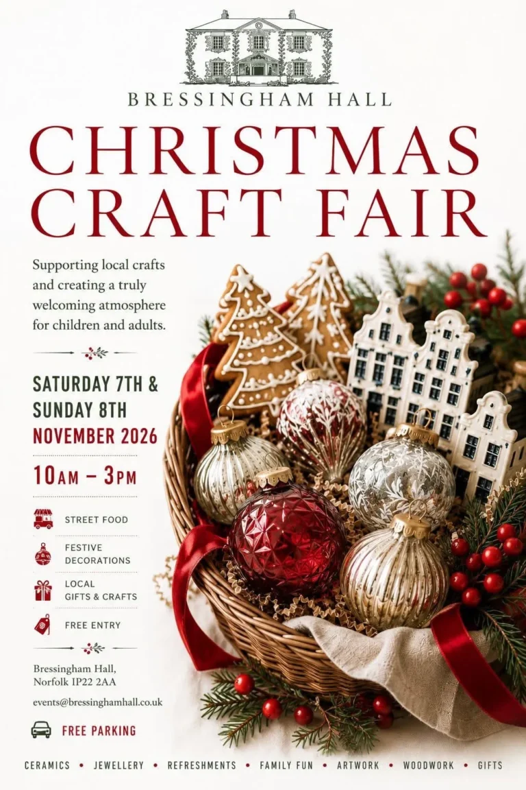Poster for Bressingham Hall Christmas Craft Fair featuring festive decorations and local crafts.